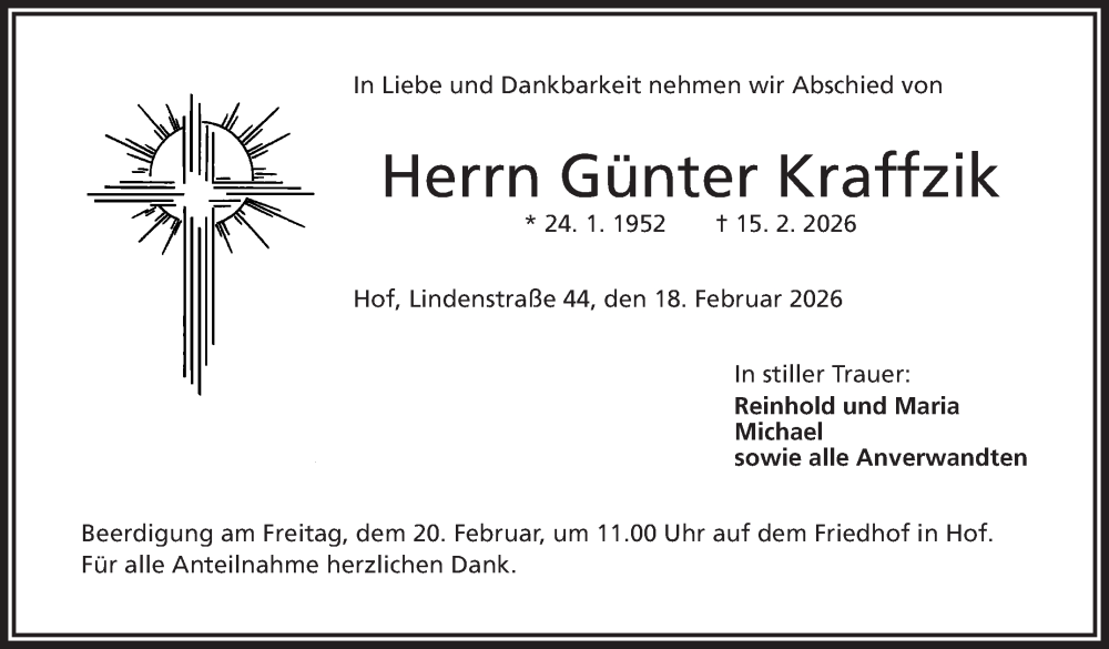  Traueranzeige für Günter Kraffzik vom 18.02.2026 aus Frankenpost