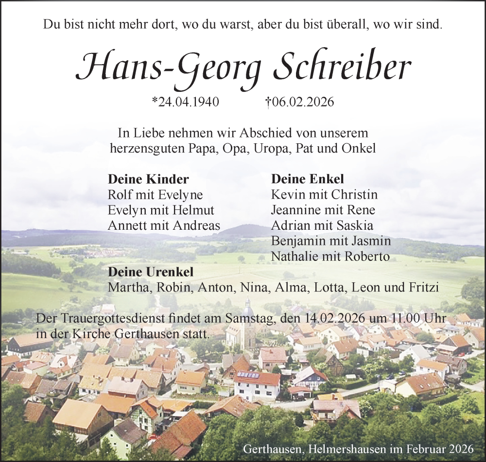  Traueranzeige für Hans-Georg Schreiber vom 12.02.2026 aus Südthüringer Presse