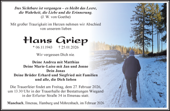 Traueranzeige von Hans Griep von Südthüringer Presse
