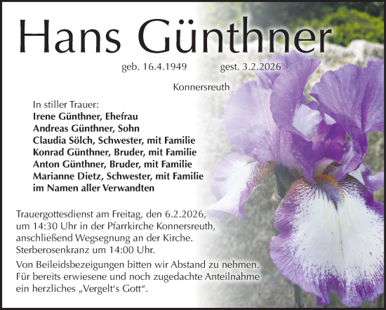 Traueranzeige von Hans Günthner von Frankenpost