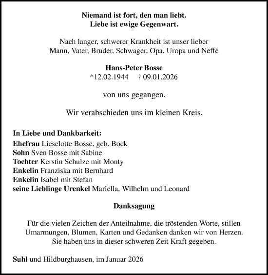 Traueranzeige von Hans-Peter Bosse von Südthüringer Presse