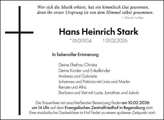 Traueranzeige von Hans Heinrich Stark von Frankenpost