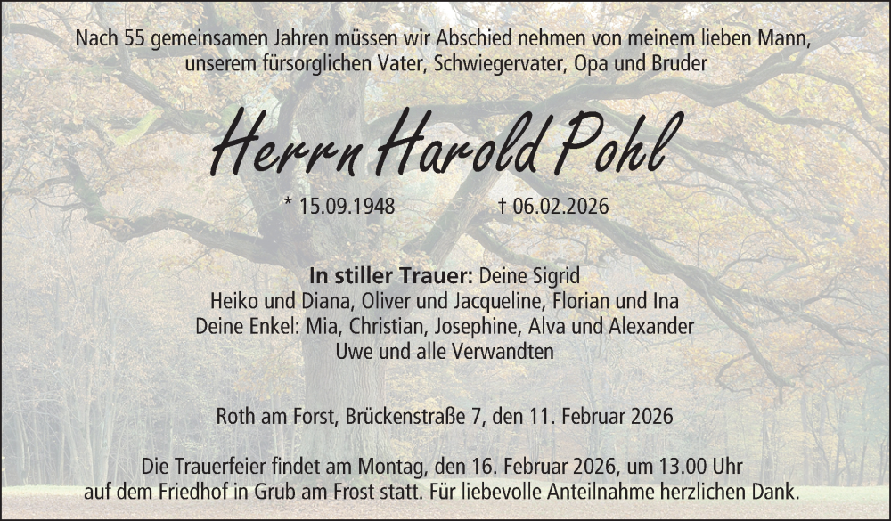  Traueranzeige für Harold Pohl vom 11.02.2026 aus Neue Presse Coburg