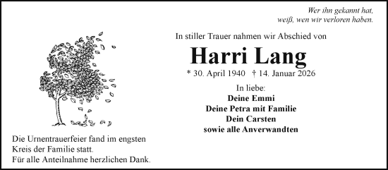 Traueranzeige von Harri Lang von Frankenpost
