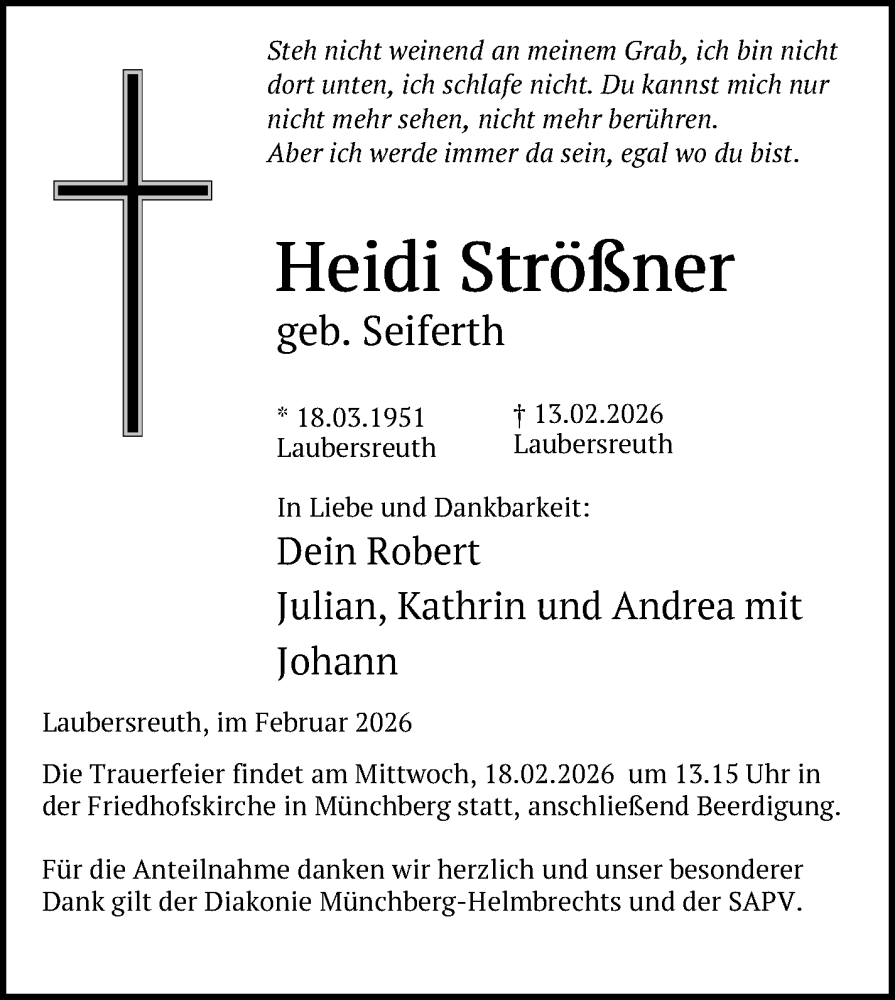  Traueranzeige für Heidi Strößner vom 17.02.2026 aus Frankenpost