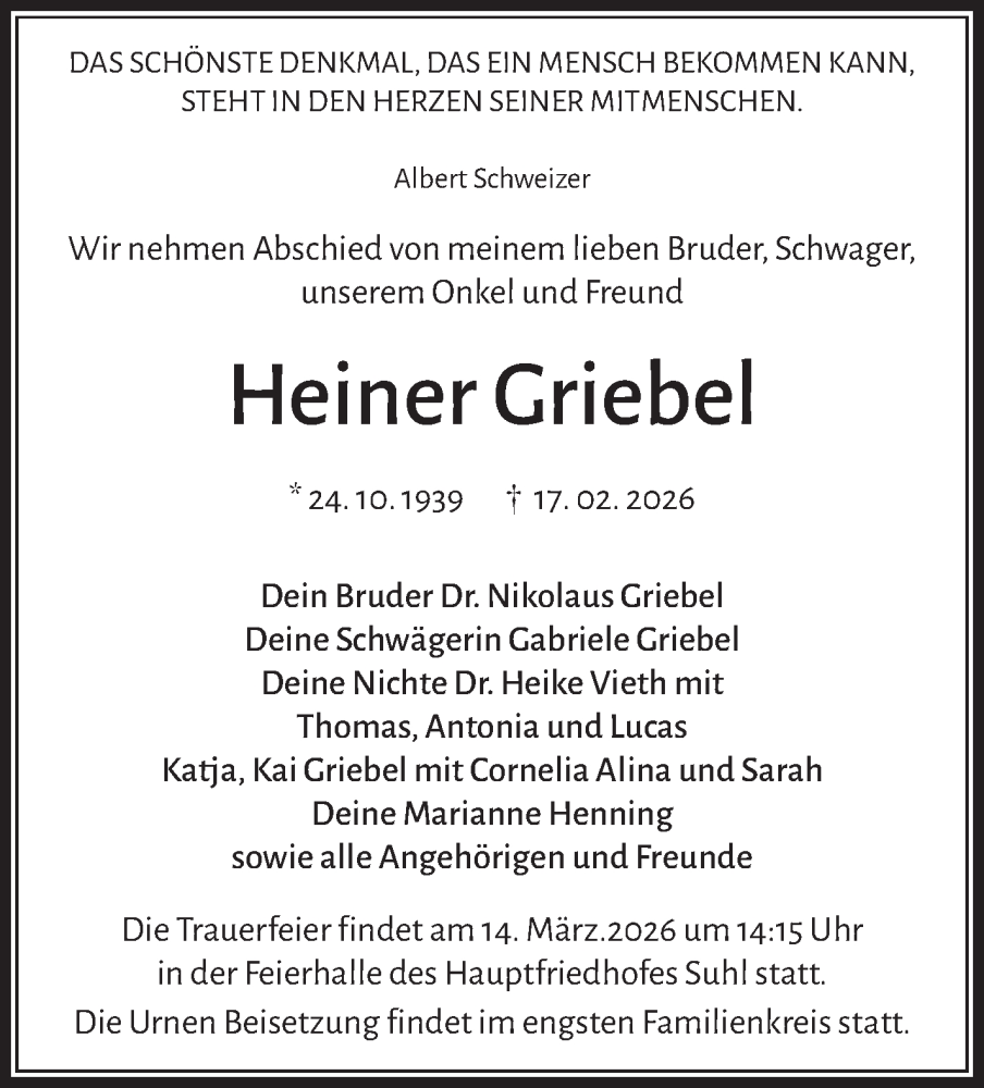  Traueranzeige für Heiner Griebel vom 21.02.2026 aus Südthüringer Presse