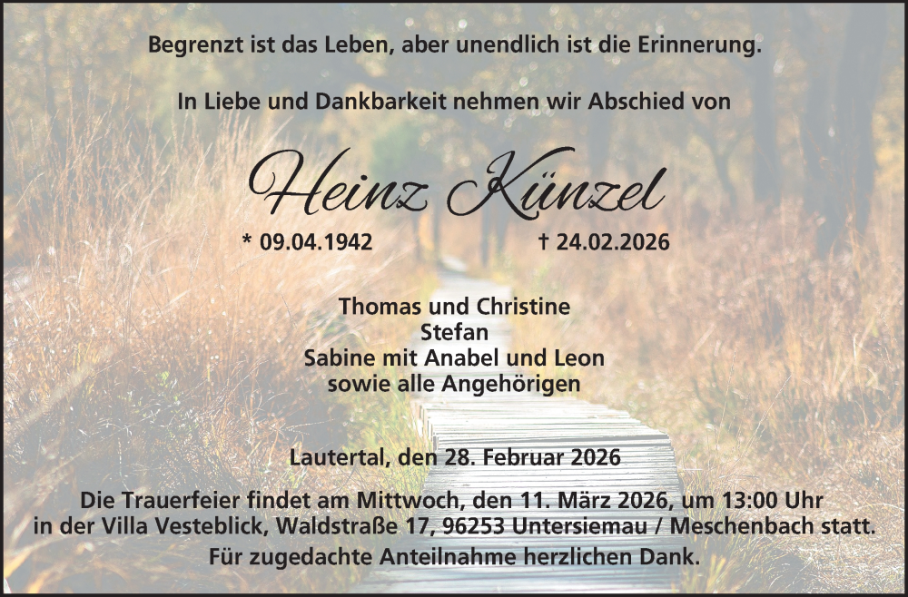  Traueranzeige für Heinz Künzel vom 28.02.2026 aus Neue Presse Coburg