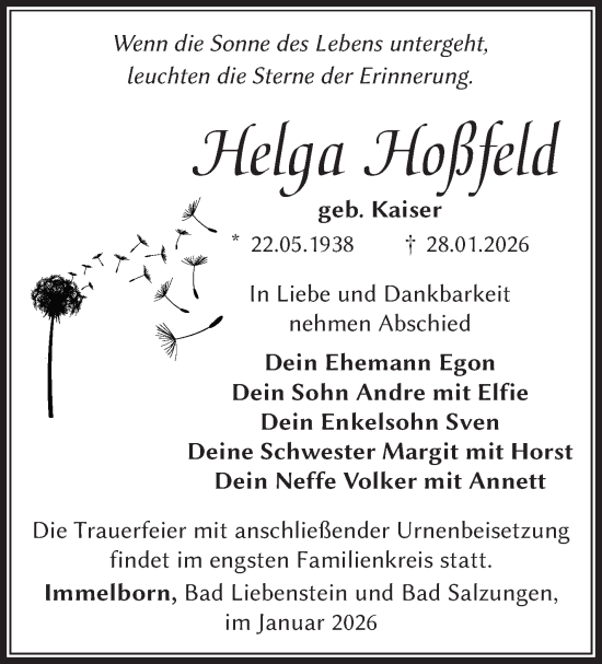 Traueranzeige von Helga Hoßfeld von Südthüringer Presse