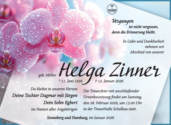Traueranzeige von Helga Zinner von Südthüringer Presse