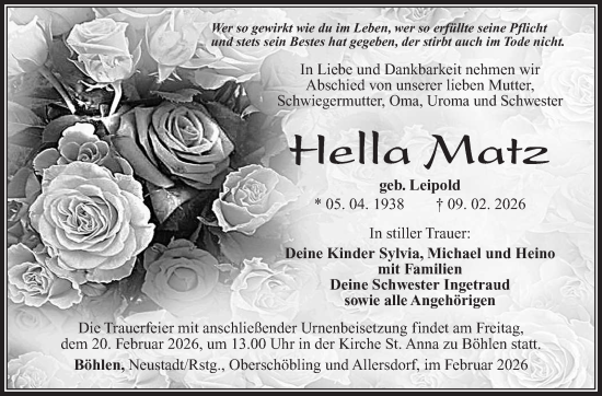 Traueranzeige von Hella Matz von Südthüringer Presse