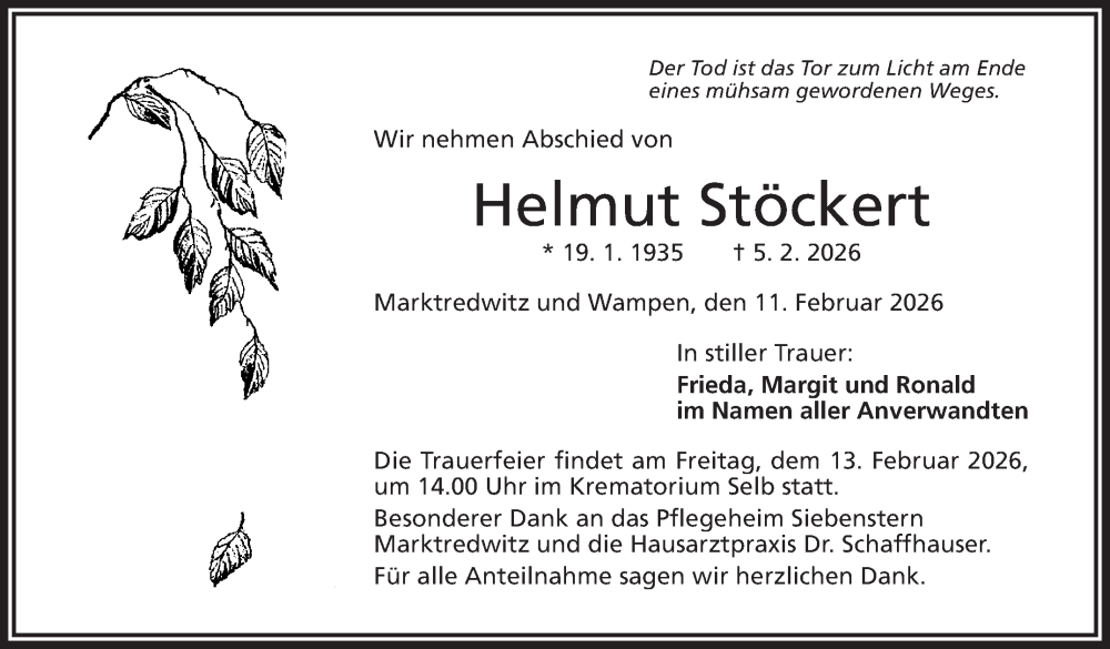  Traueranzeige für Helmut Stöckert vom 11.02.2026 aus Frankenpost