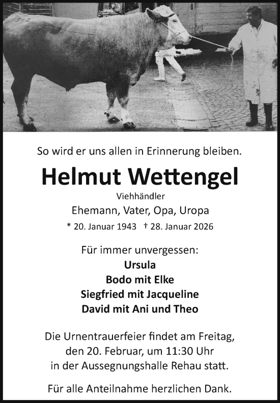 Traueranzeige von Helmut Wettengel von Frankenpost