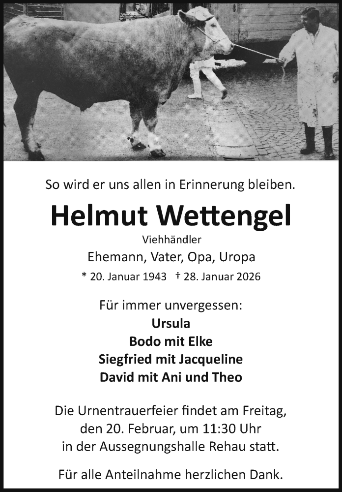  Traueranzeige für Helmut Wettengel vom 14.02.2026 aus Frankenpost