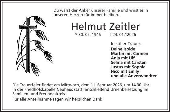 Traueranzeige von Helmut Zeitler von Frankenpost