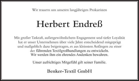 Traueranzeige von Herbert Endreß von Südthüringer Presse