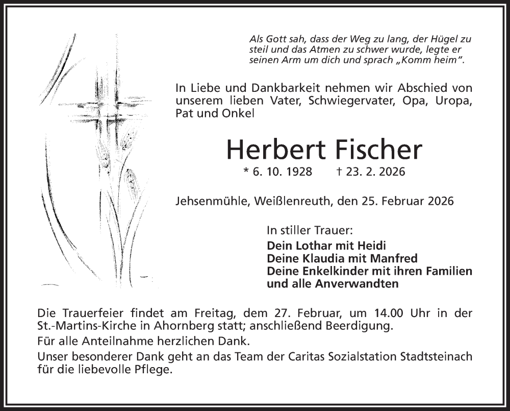  Traueranzeige für Herbert Fischer vom 25.02.2026 aus Frankenpost
