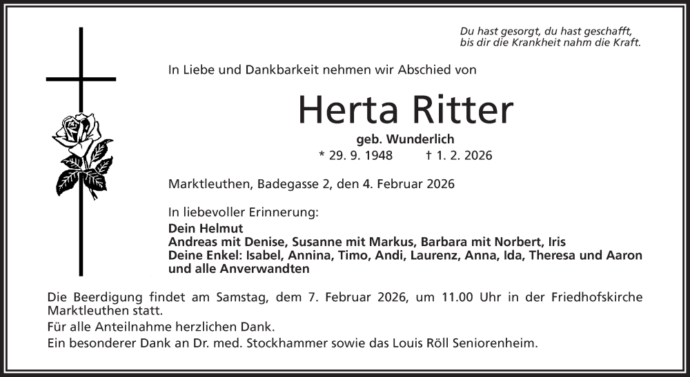  Traueranzeige für Herta Ritter vom 04.02.2026 aus Frankenpost