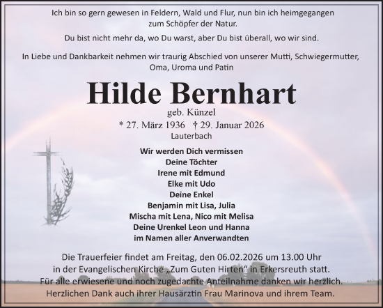 Traueranzeige von Hilde Bernhart von Frankenpost