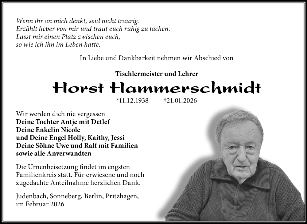  Traueranzeige für Horst Hammerschmidt vom 07.02.2026 aus Südthüringer Presse