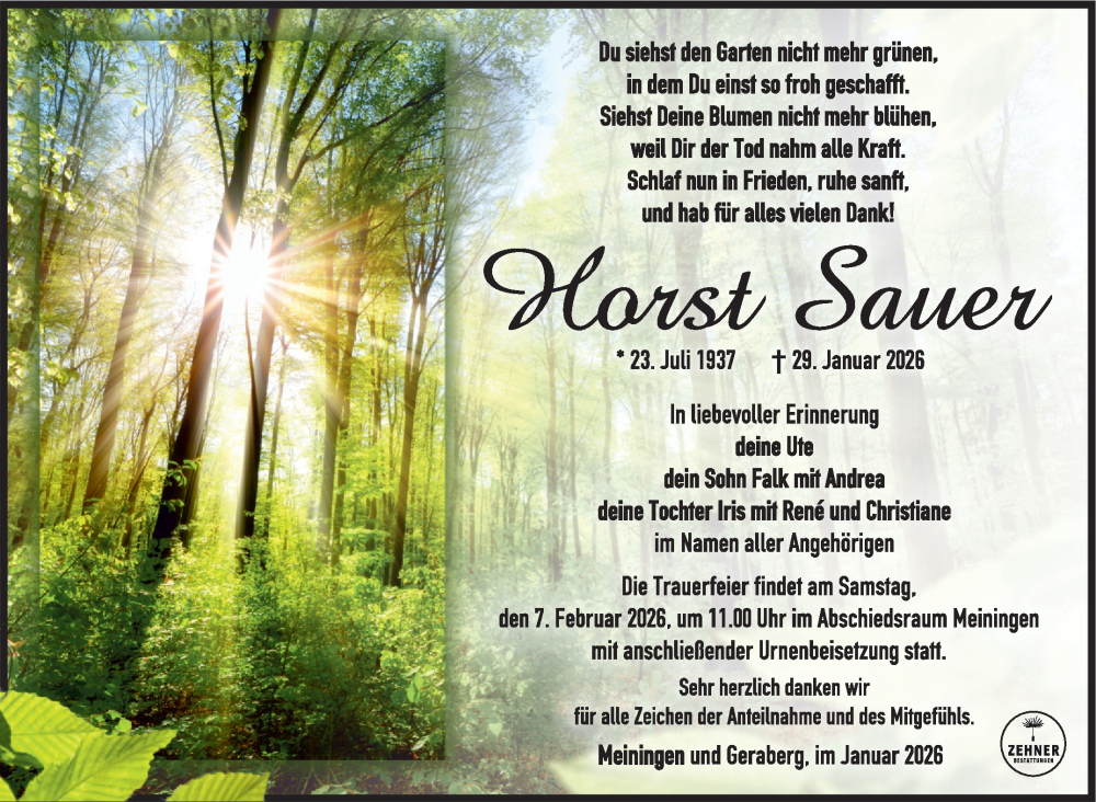  Traueranzeige für Horst Sauer vom 04.02.2026 aus Südthüringer Presse