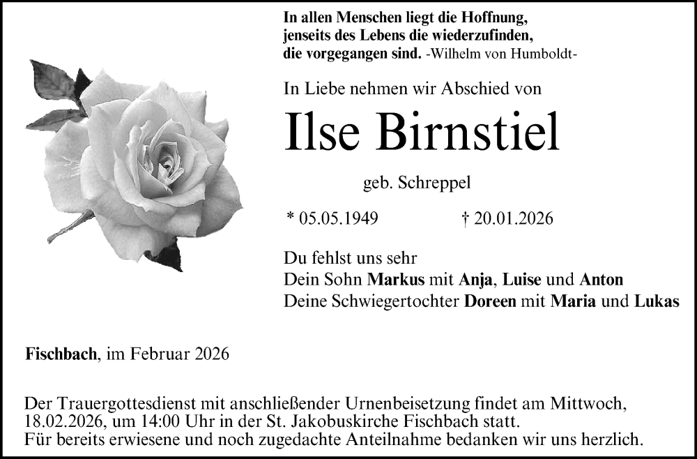  Traueranzeige für Ilse Birnstiel vom 07.02.2026 aus Neue Presse Coburg