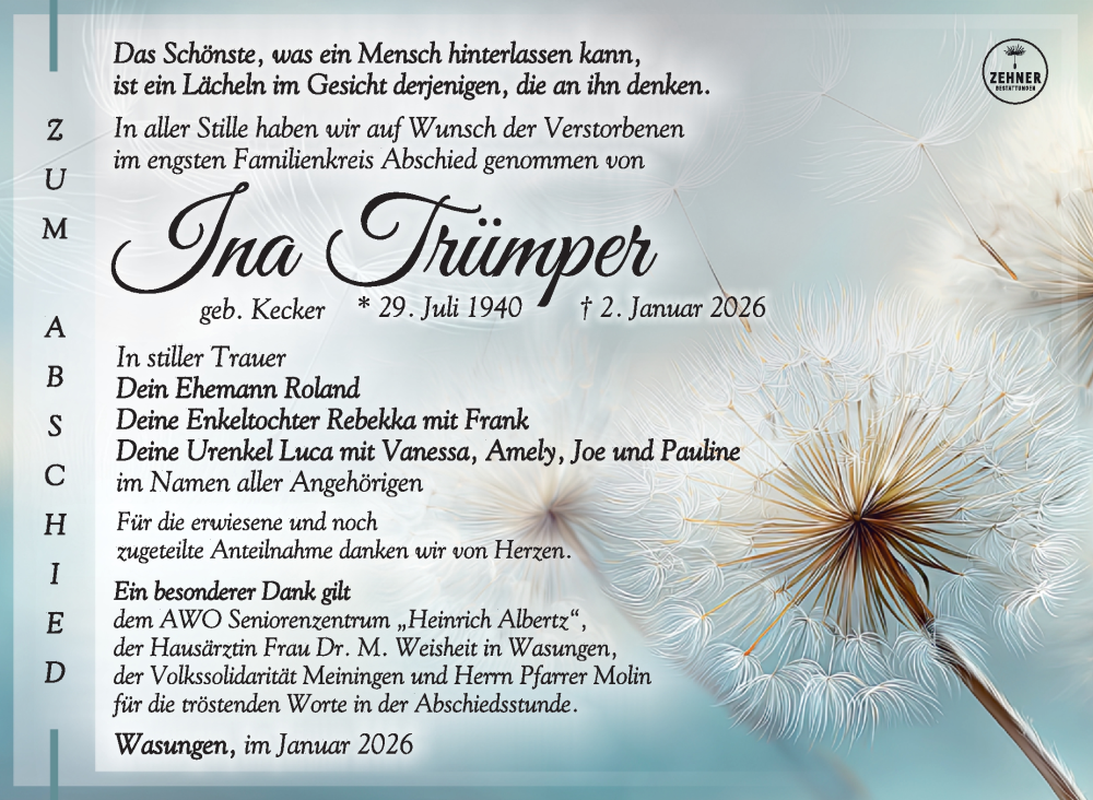  Traueranzeige für Ina Trümper vom 04.02.2026 aus Südthüringer Presse
