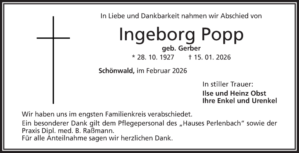  Traueranzeige für Ingeborg Popp vom 07.02.2026 aus Frankenpost