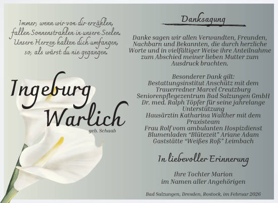 Traueranzeige von Ingeburg Warlich von Südthüringer Presse