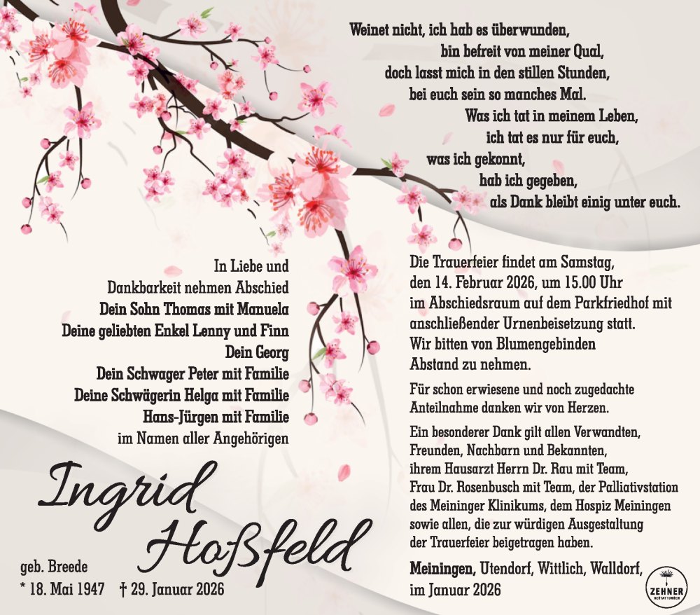  Traueranzeige für Ingrid Hoßfeld vom 07.02.2026 aus Südthüringer Presse