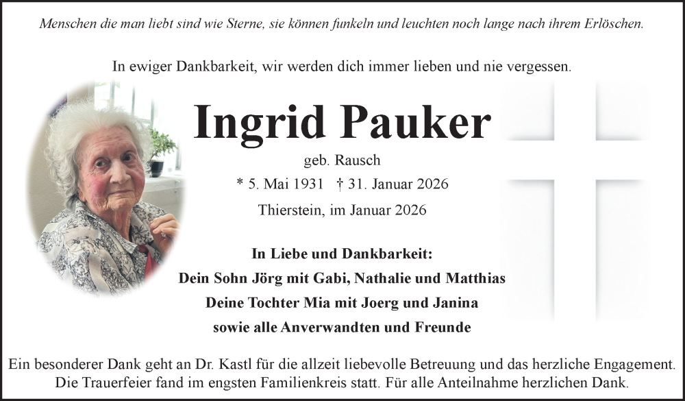  Traueranzeige für Ingrid Pauker vom 07.02.2026 aus Frankenpost