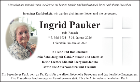 Traueranzeige von Ingrid Pauker von Frankenpost