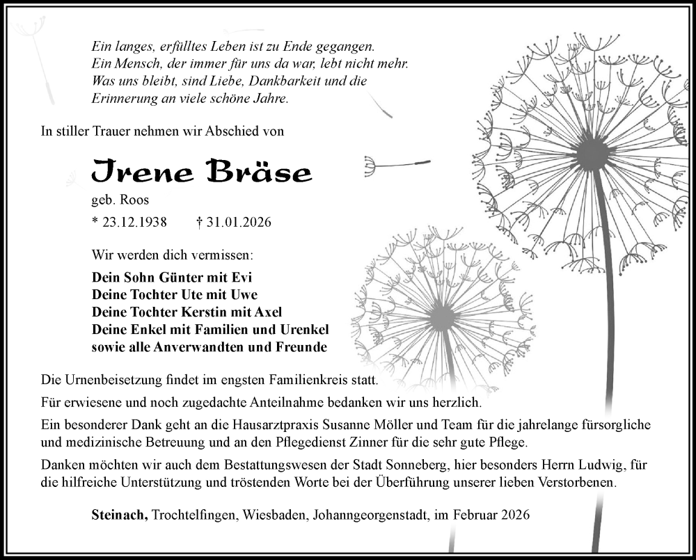  Traueranzeige für Irene Bräse vom 07.02.2026 aus Südthüringer Presse