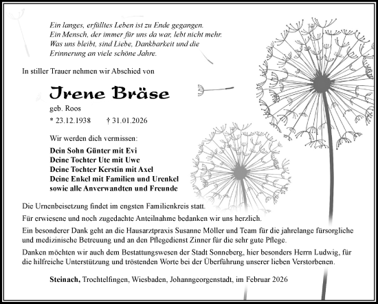 Traueranzeige von Irene Bräse von Südthüringer Presse
