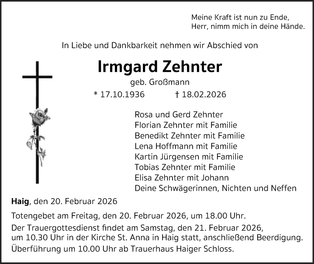  Traueranzeige für Irmgard Zehnter vom 20.02.2026 aus Neue Presse Coburg