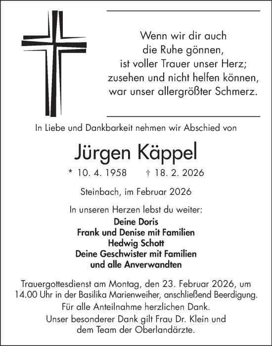 Traueranzeige von Jürgen Käppel von Frankenpost