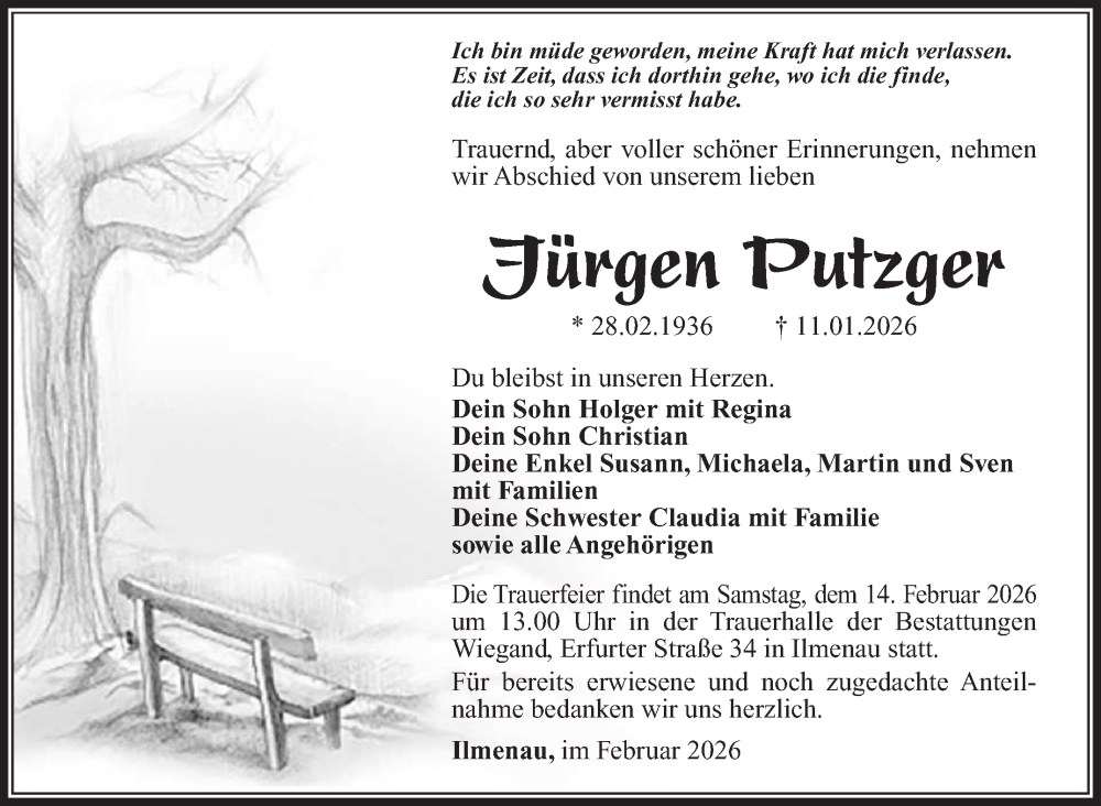  Traueranzeige für Jürgen Putzger vom 07.02.2026 aus Südthüringer Presse