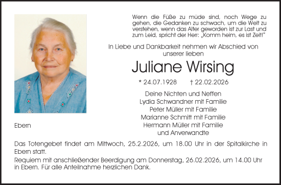 Traueranzeige von Juliane Wirsing von Neue Presse Coburg