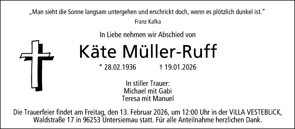  Traueranzeige für Käte Müller-Ruff vom 07.02.2026 aus Neue Presse Coburg