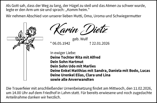 Traueranzeige von Karin Dietz von Neue Presse Coburg