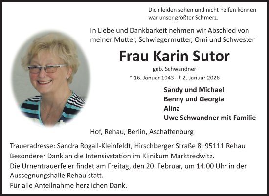 Traueranzeige von Karin Sutor von Frankenpost
