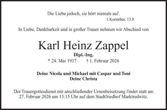 Traueranzeige von Karl Heinz Zappel von Frankenpost