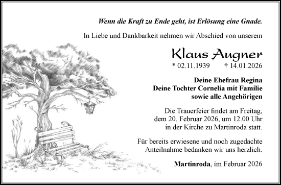 Traueranzeige von Klaus Augner von Südthüringer Presse