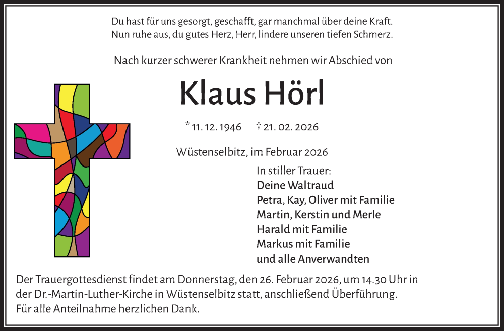  Traueranzeige für Klaus Hörl vom 25.02.2026 aus Frankenpost