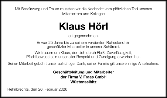 Traueranzeige von Klaus Hörl von Frankenpost