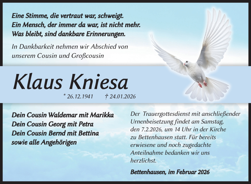  Traueranzeige für Klaus Kniesa vom 05.02.2026 aus Südthüringer Presse
