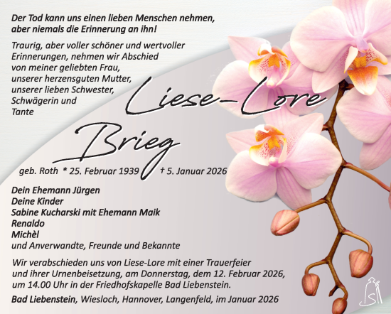 Traueranzeige von Liese-Lore Brieg von Südthüringer Presse