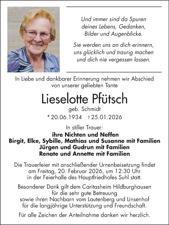 Traueranzeige von Lieselotte Pfütsch von Südthüringer Presse