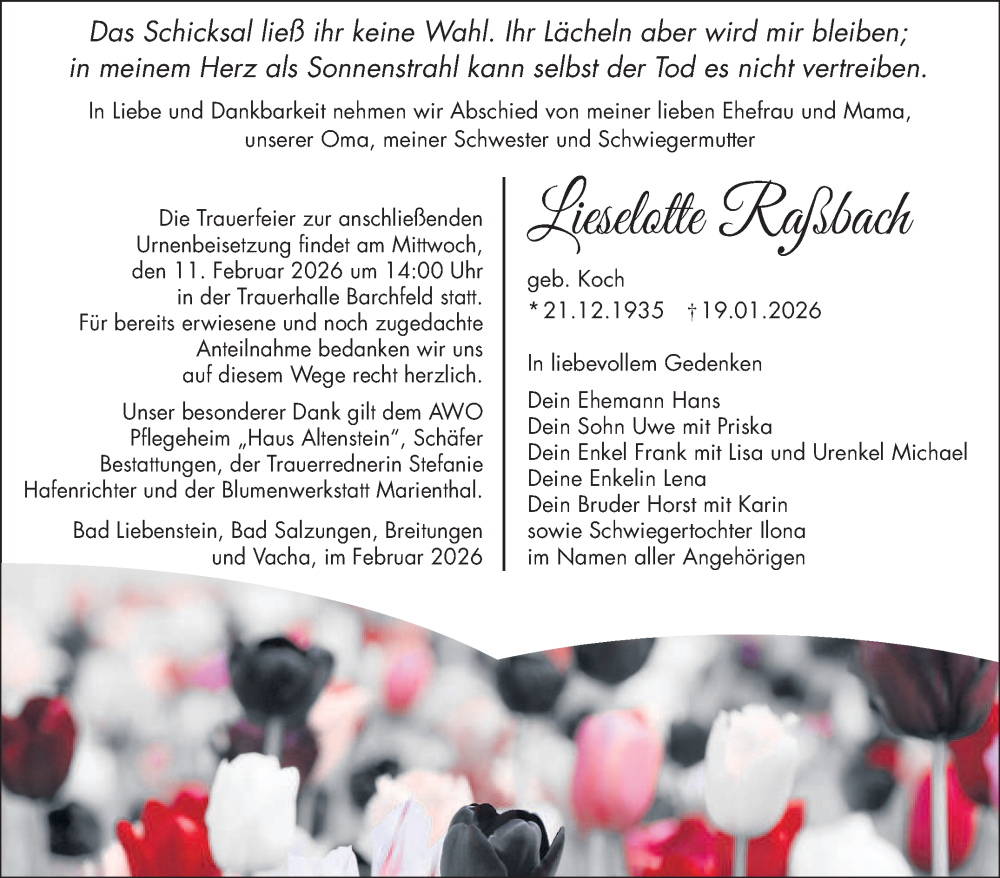  Traueranzeige für Lieselotte Raßbach vom 07.02.2026 aus Südthüringer Presse
