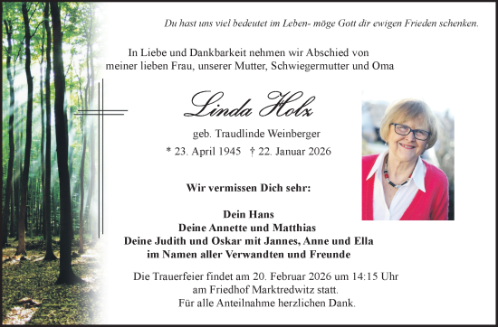 Traueranzeige von Linda Holz von Frankenpost