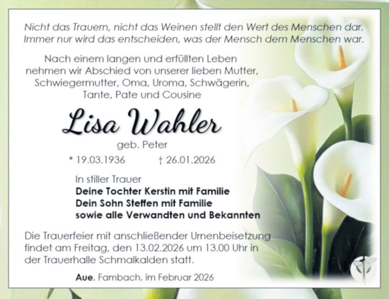 Traueranzeige von Lisa Wahler von Südthüringer Presse